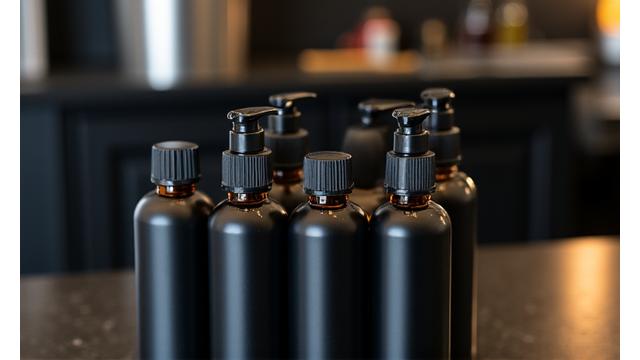 Pile of empty cosmetic bottles collected for recycling at a barbershop counter.